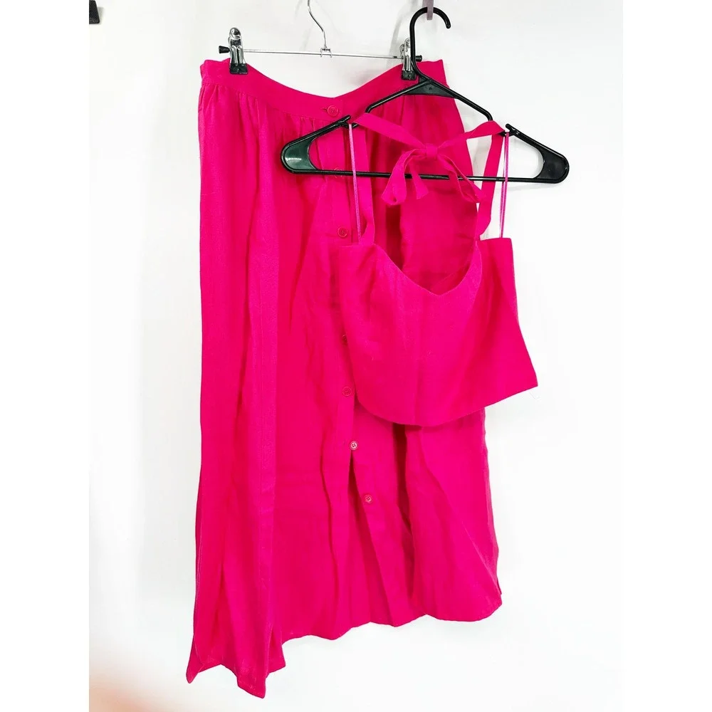Reformation Orzo Linen Top & Skirt Set 10 Pink Corvette‎ Halter Midi Two Piece
